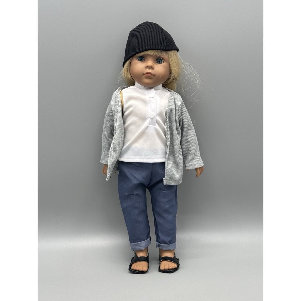 LTD Commodities LLC Doll Blonde Hair Blue Eyes In Beanie Hat Knee Tear Pants 17”